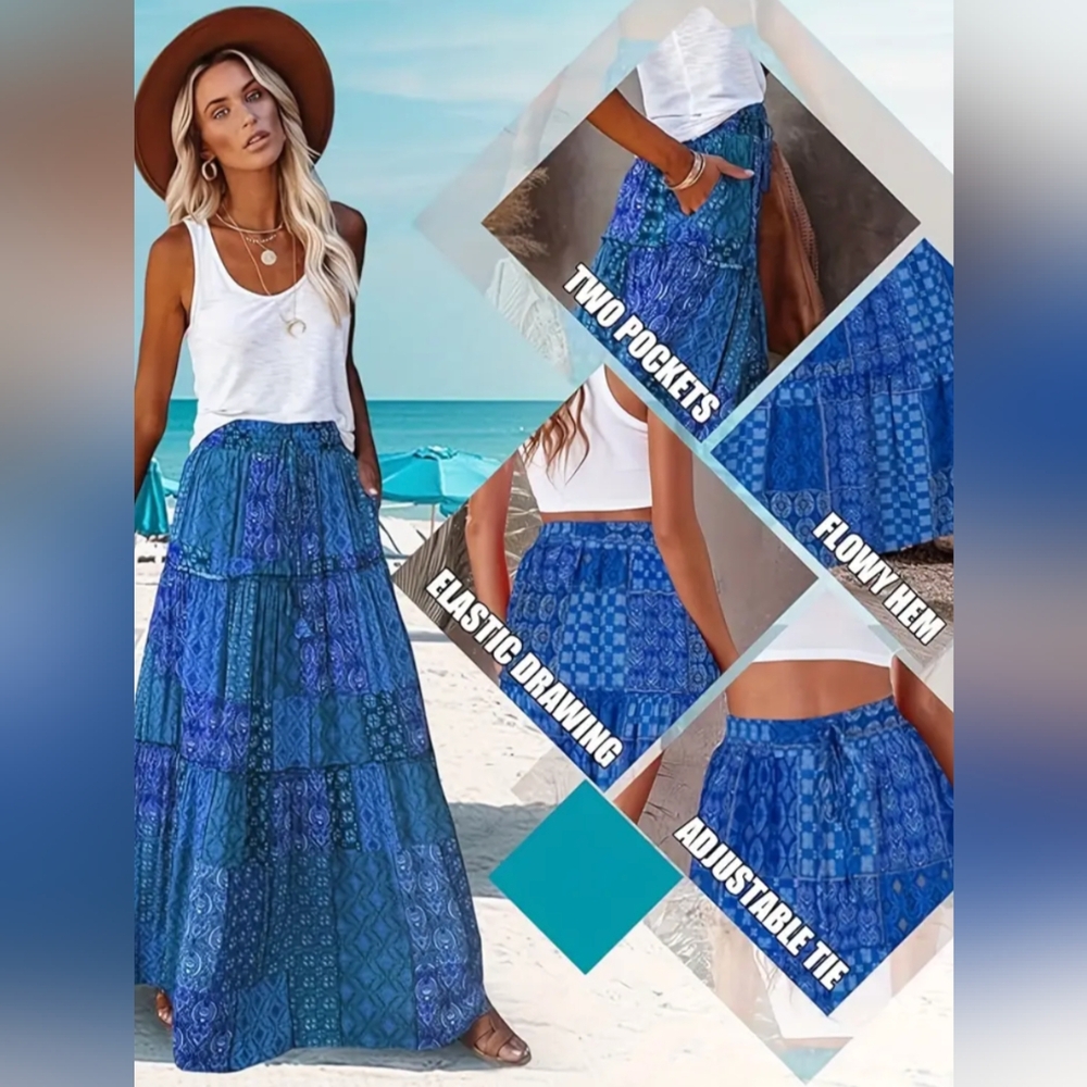 Maxi Skirt Blue 70s Style Patchwork Print Flowy Boho Long Skirts Hippie Skirts - Picture 2 of 9